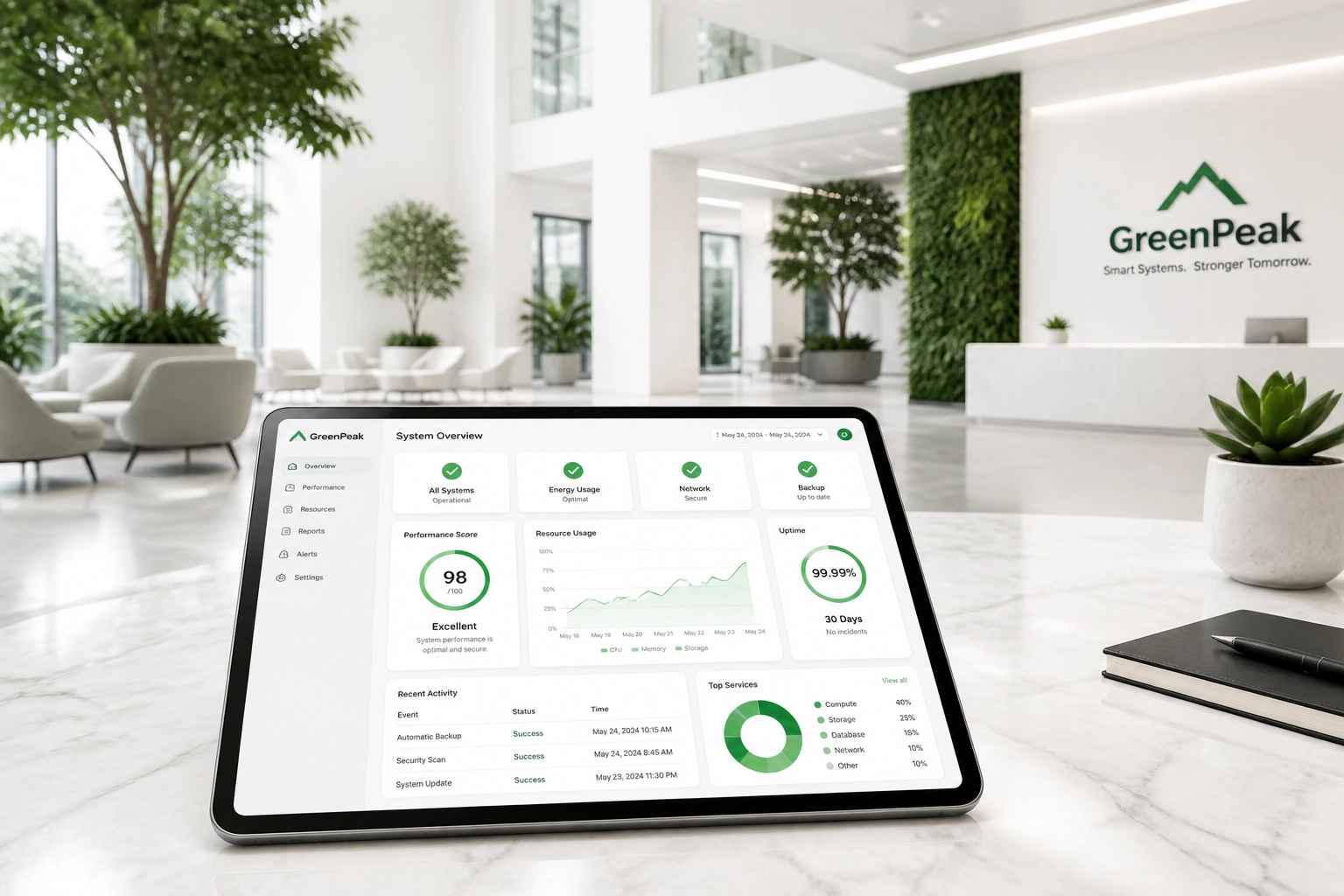 Tablet showing positive SEO data icons representing successful website maintenance services for local SEO.