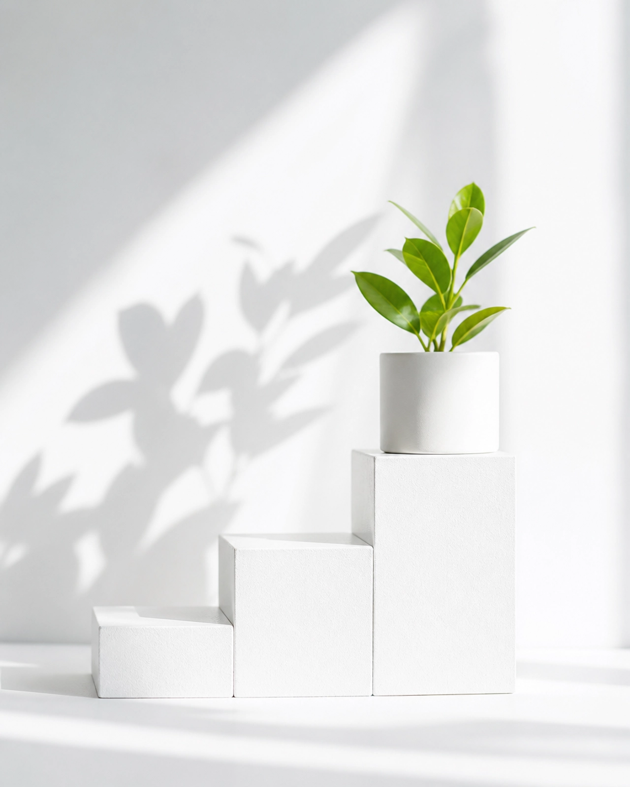 White blocks forming a staircase with a green plant on top