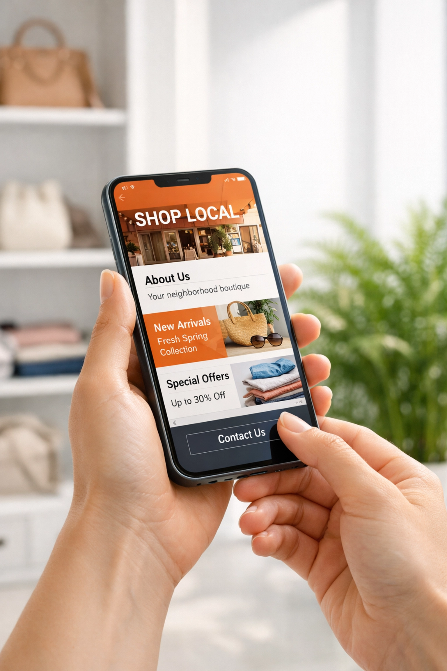 Mobile-friendly website displayed on a smartphone in a modern local retail shop.