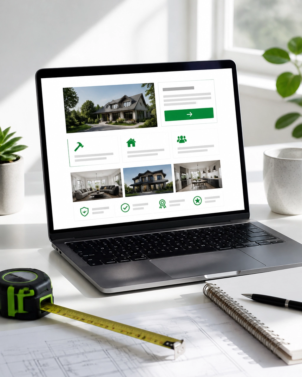 Bright desk with abstract contractor website service cards, portfolio tiles and green quote button