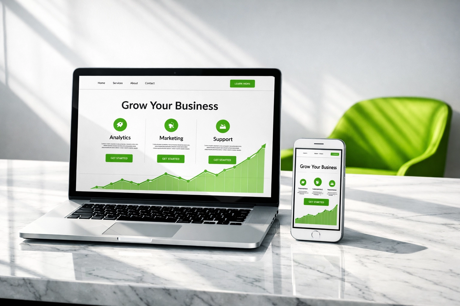 A mobile-optimized small business website design displayed on a laptop and smartphone for better user experience.