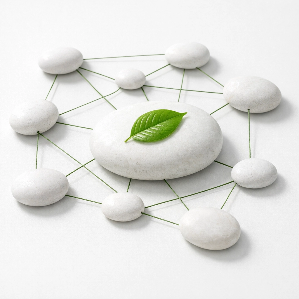 Interconnected white stones representing semantic SEO topic clusters and organized website structure.