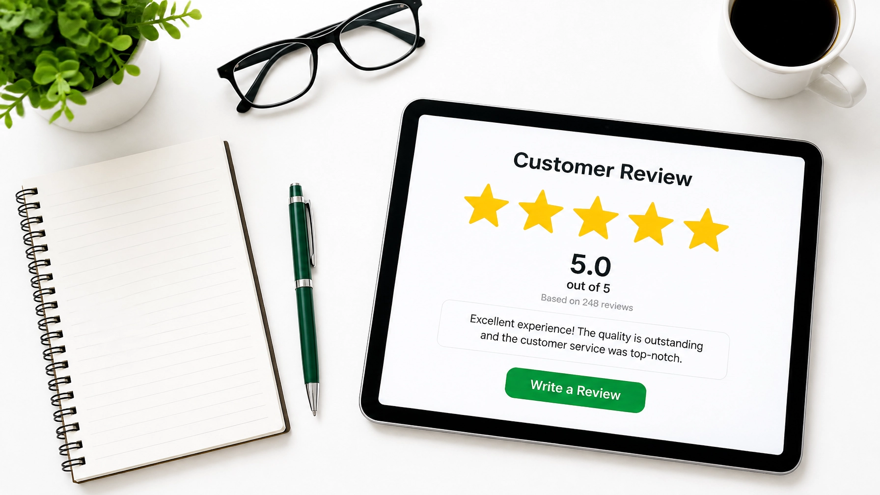A digital tablet showing positive 5-star reviews on a clean white desk