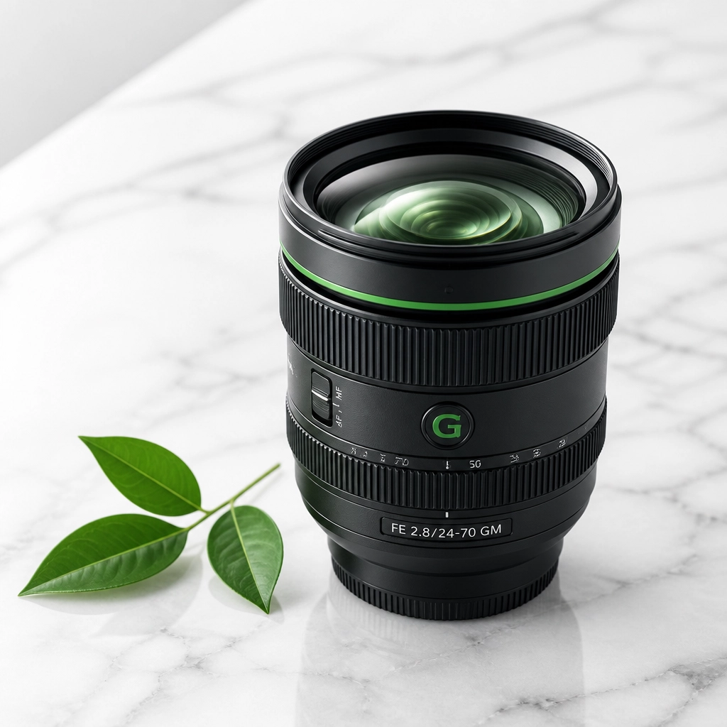 High-end camera lens on a white surface representing quality business photography
