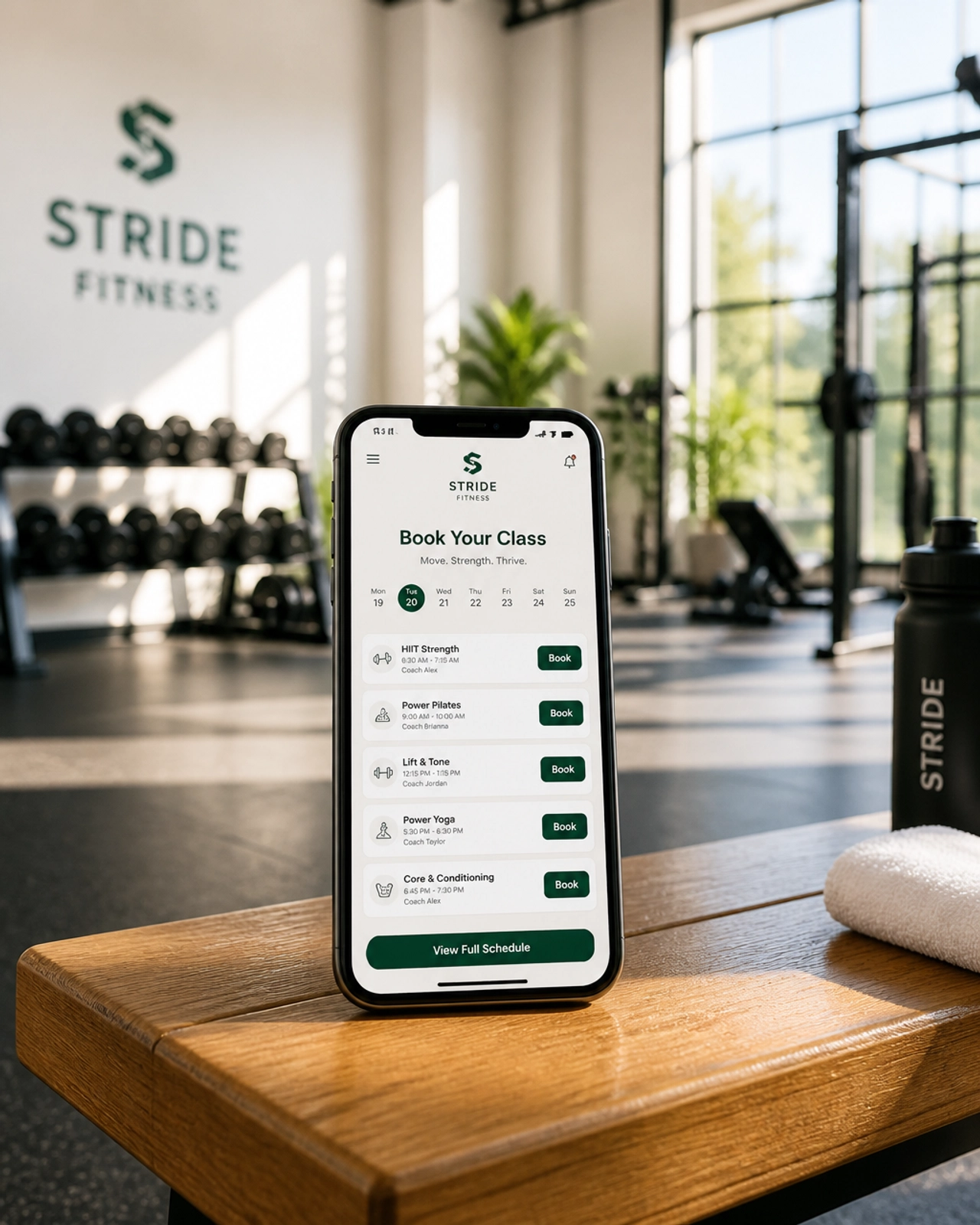 A smartphone showing a fitness booking app in a modern gym
