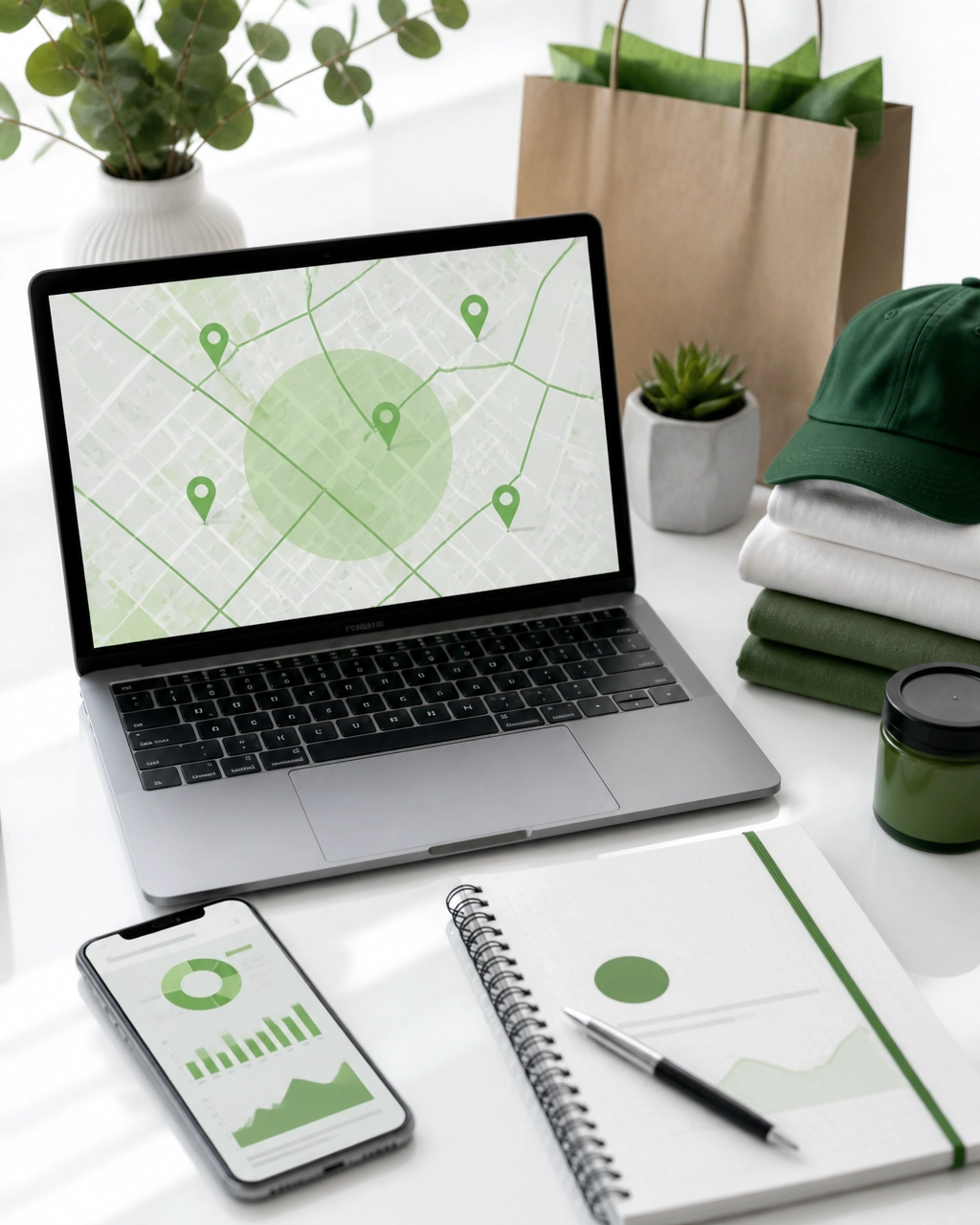 Laptop, smartphone, retail products, and a notebook arranged for local eCommerce marketing planning