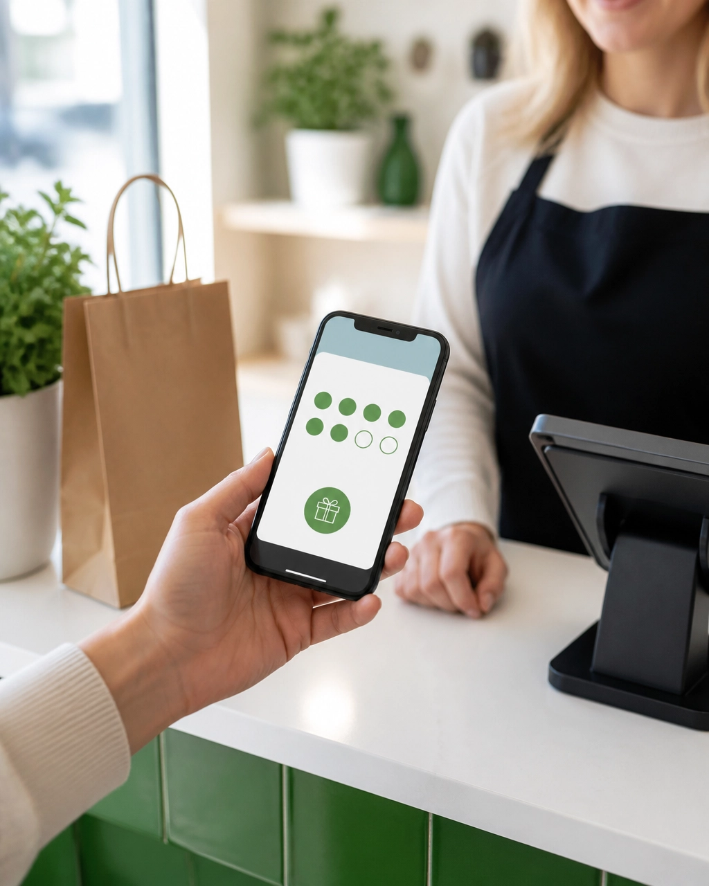 Customer using a smartphone with a digital loyalty card in a bright local business