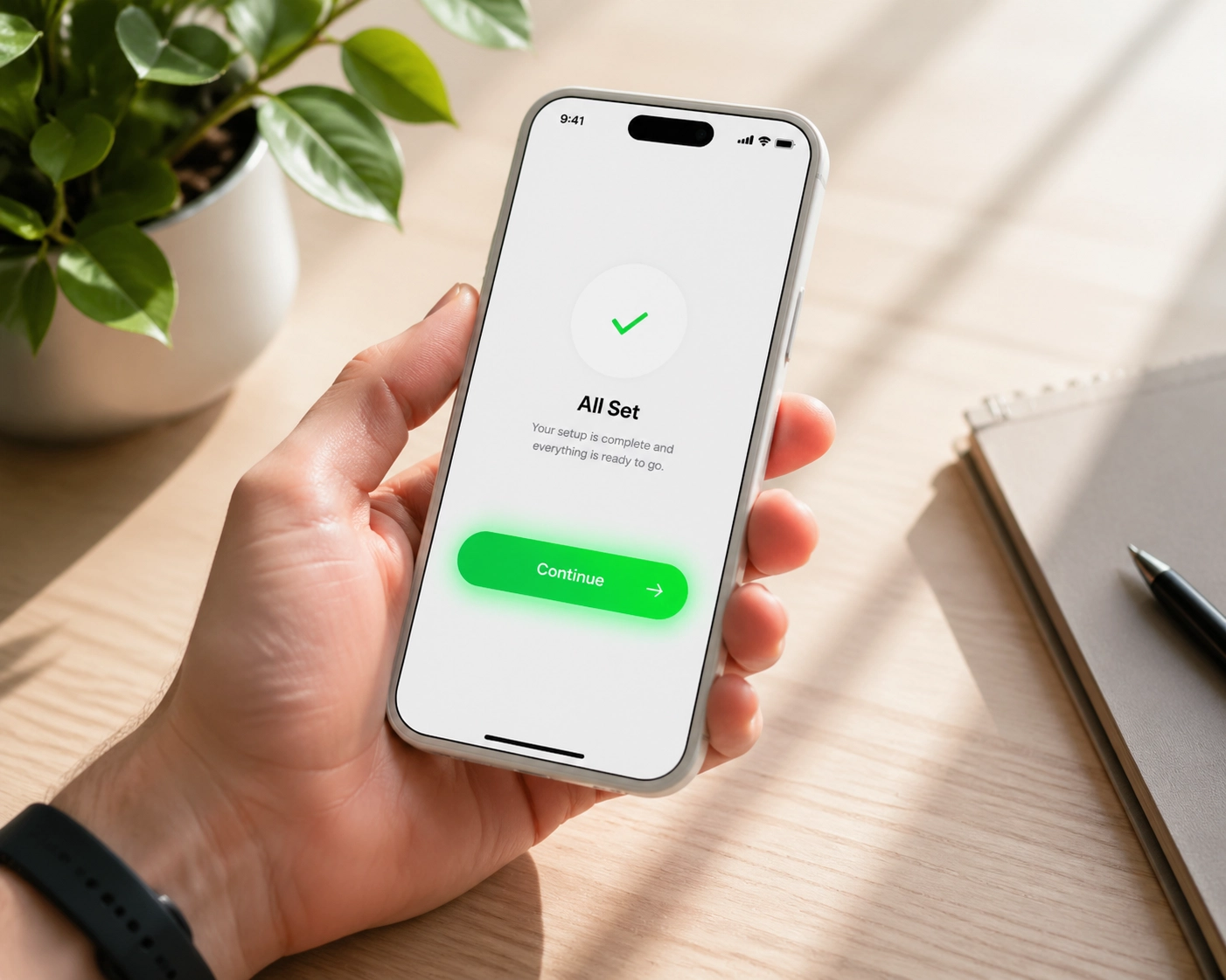 Hand holding a smartphone with a green call-to-action button to increase website conversions and leads.