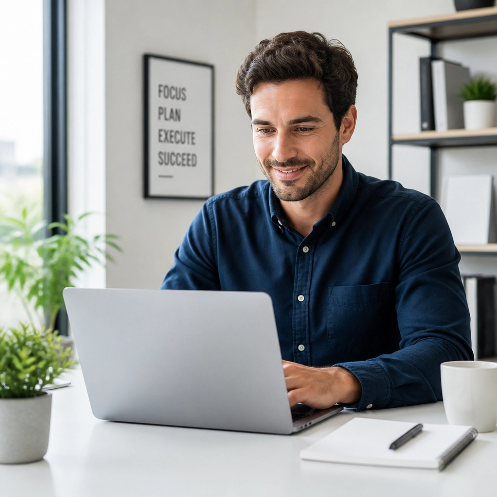 A professional working on a laptop in a bright and airy office space
