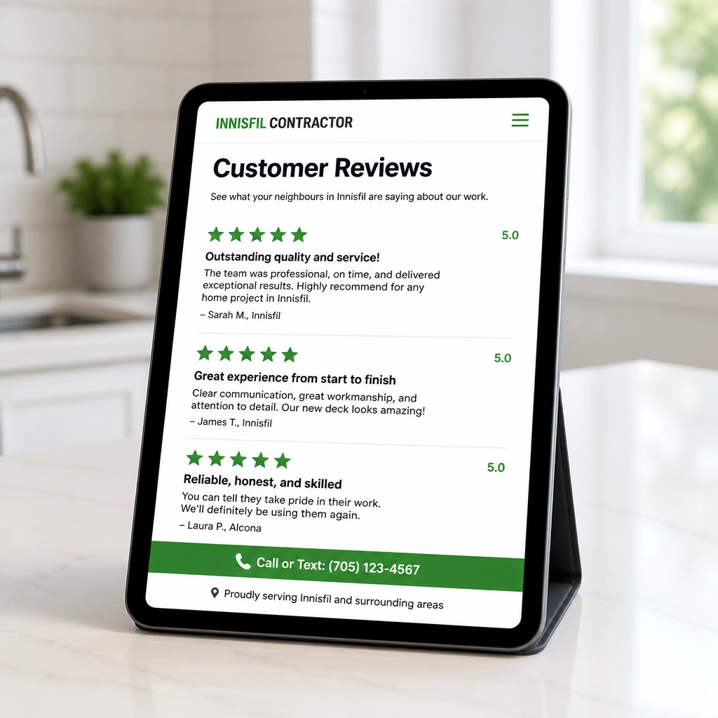 A digital tablet showing positive 5-star customer reviews for a local contractor.