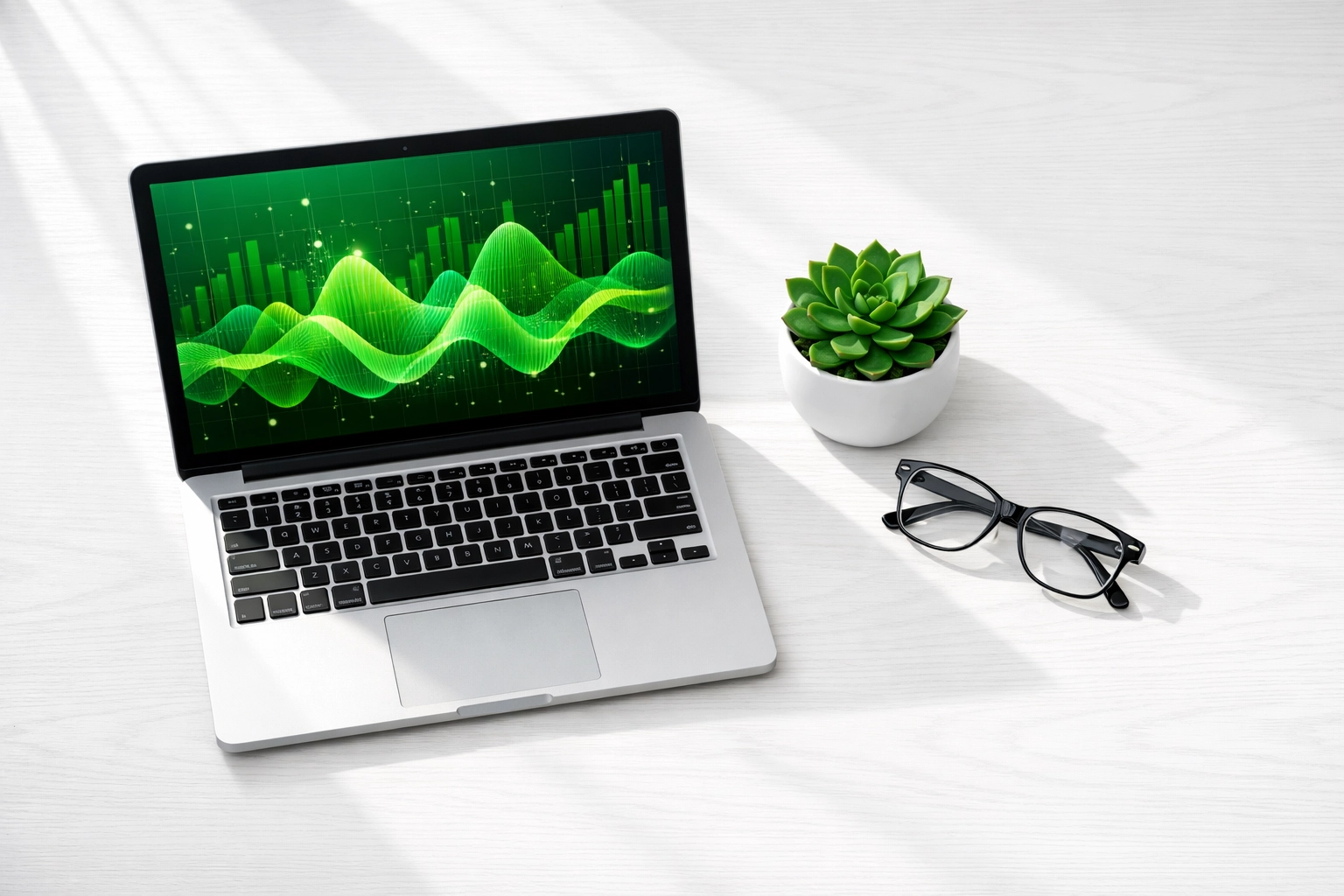 Clean workspace with a laptop showing analytics, representing efficient and unified website management services.