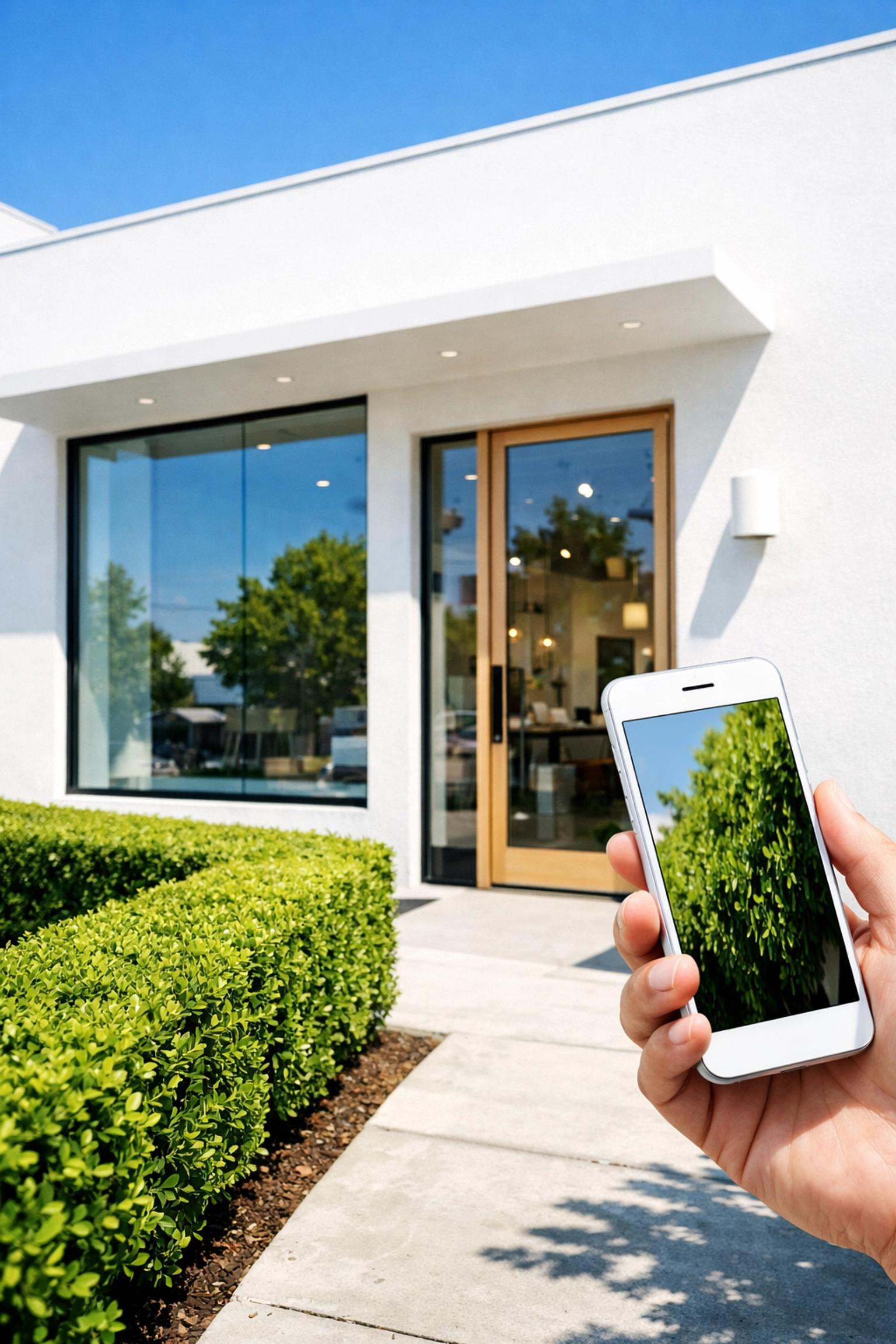 A minimalist local storefront in a sunny neighbourhood, illustrating local SEO and community authority.