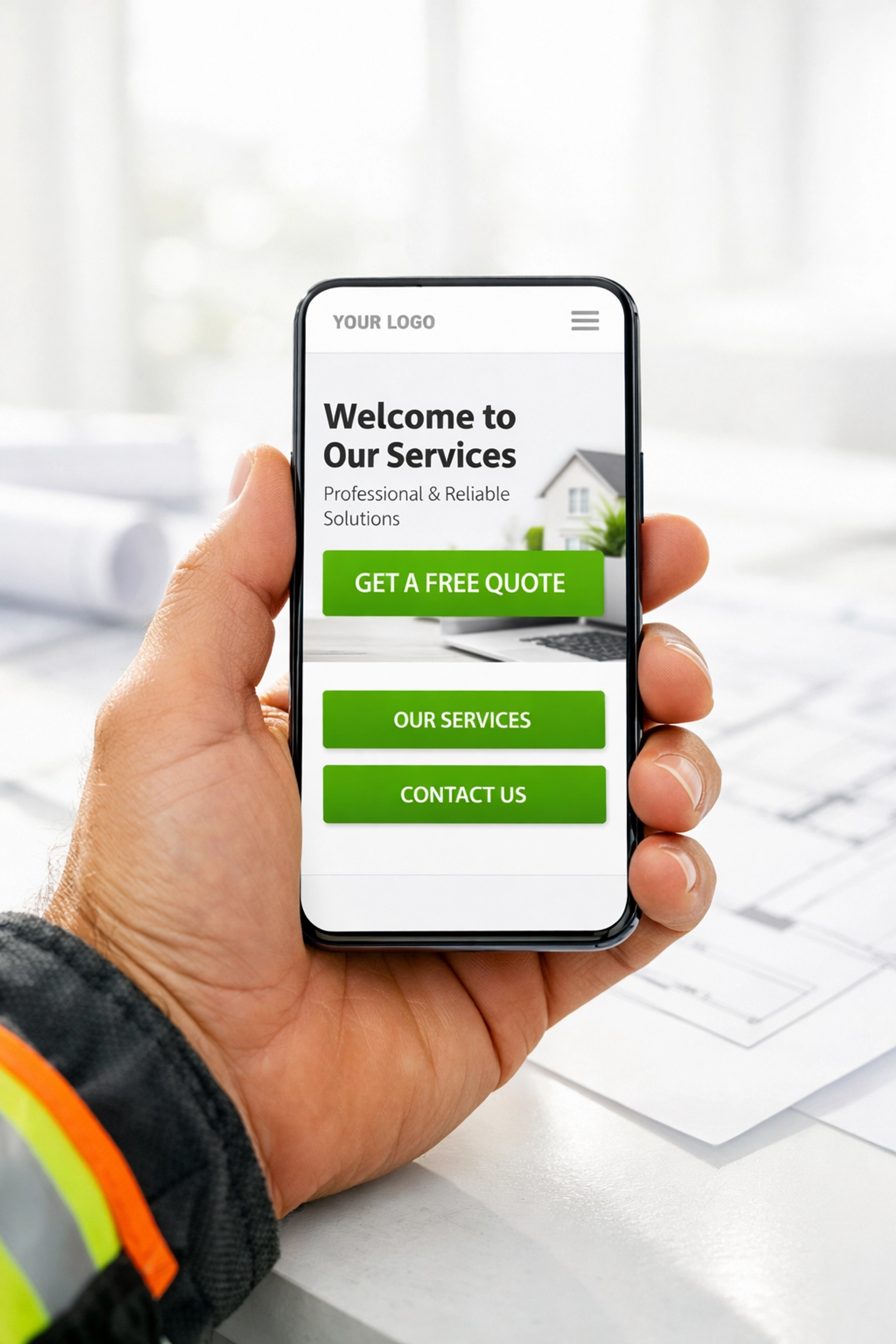 Smartphone showing a mobile-responsive contractor website with green call-to-action buttons.