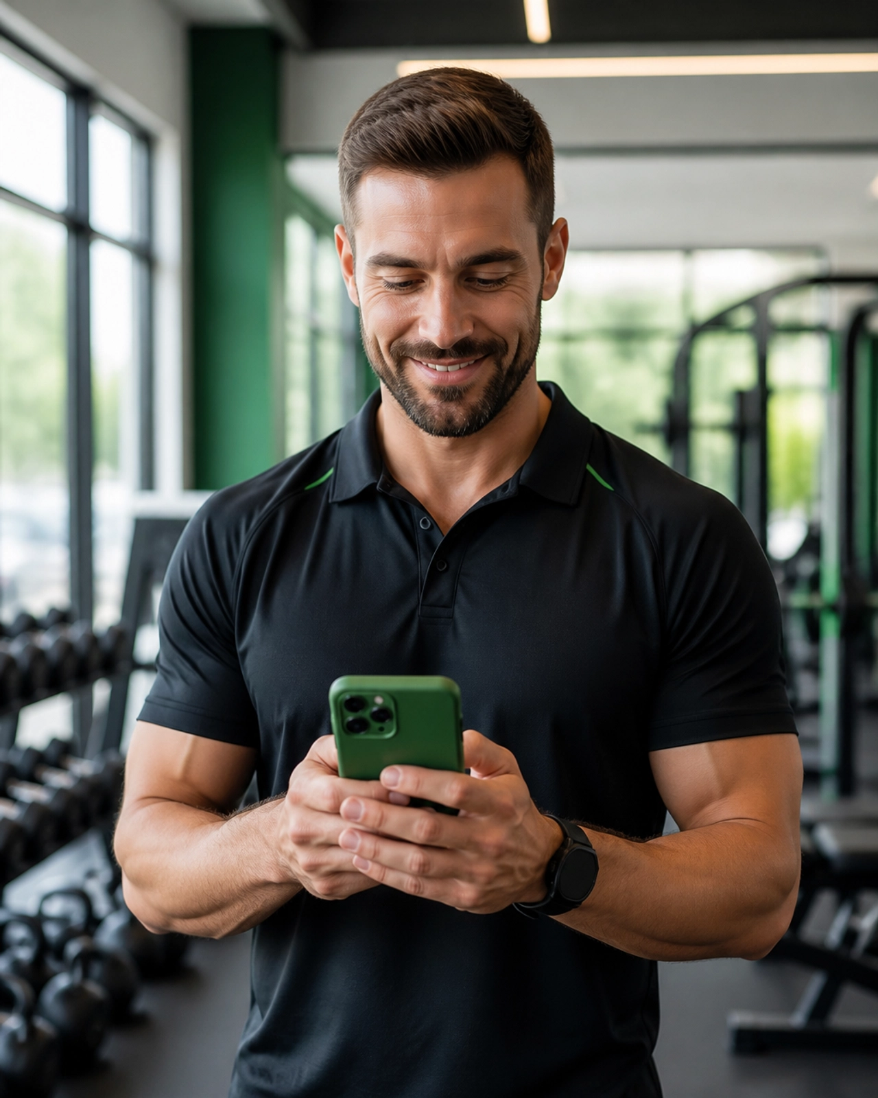 A gym manager using a custom mobile app to manage their business operations.