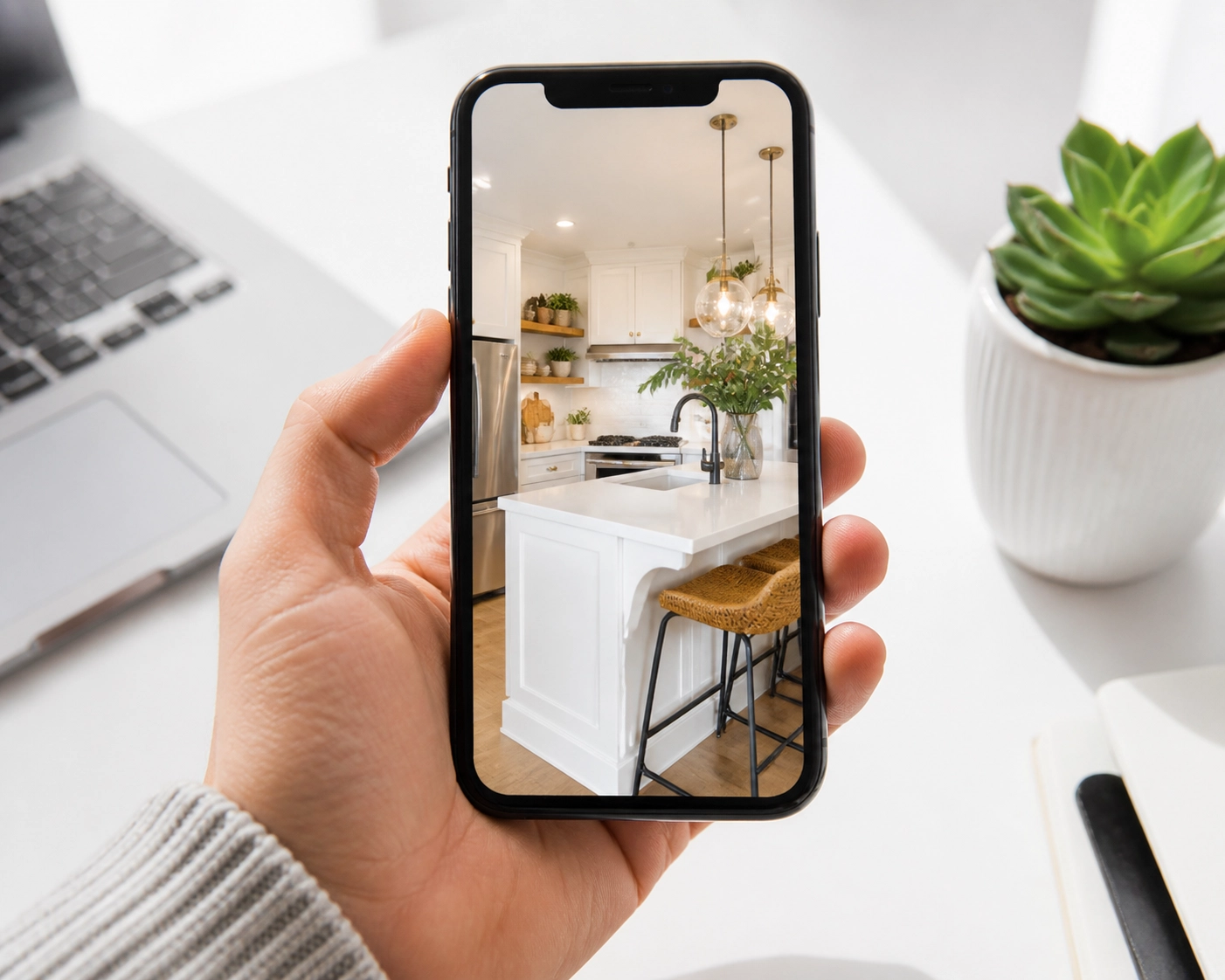 Smartphone displaying a renovated kitchen to enhance a contractor's Google Business Profile visibility.