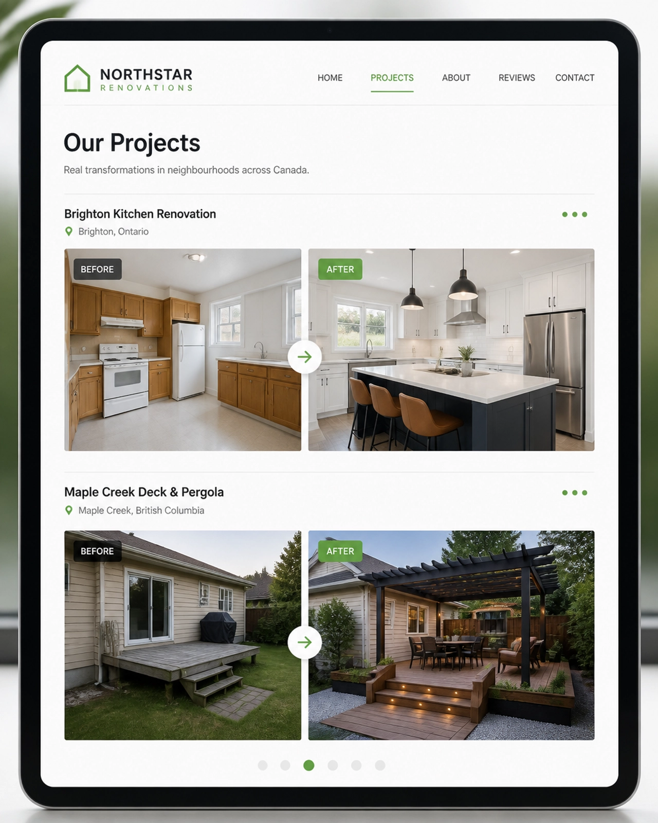 Close-up of a high-resolution project gallery on a tablet screen, showing stunning before-and-after photos of kitchen and deck renovations.