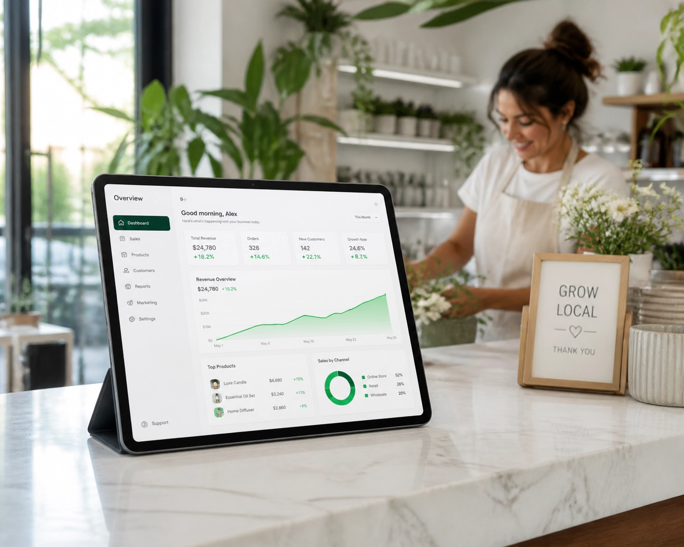 Tablet showing positive growth charts as a result of a professional managed online presence and digital strategy.