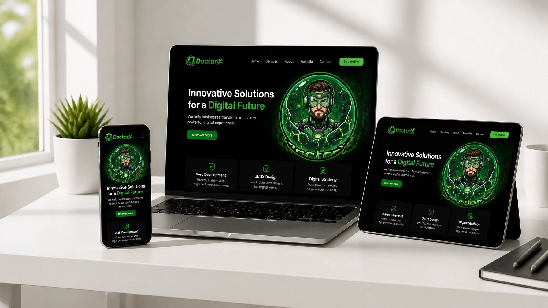 A minimalist desk setup with a laptop, tablet, and smartphone showing a perfectly synchronized responsive website