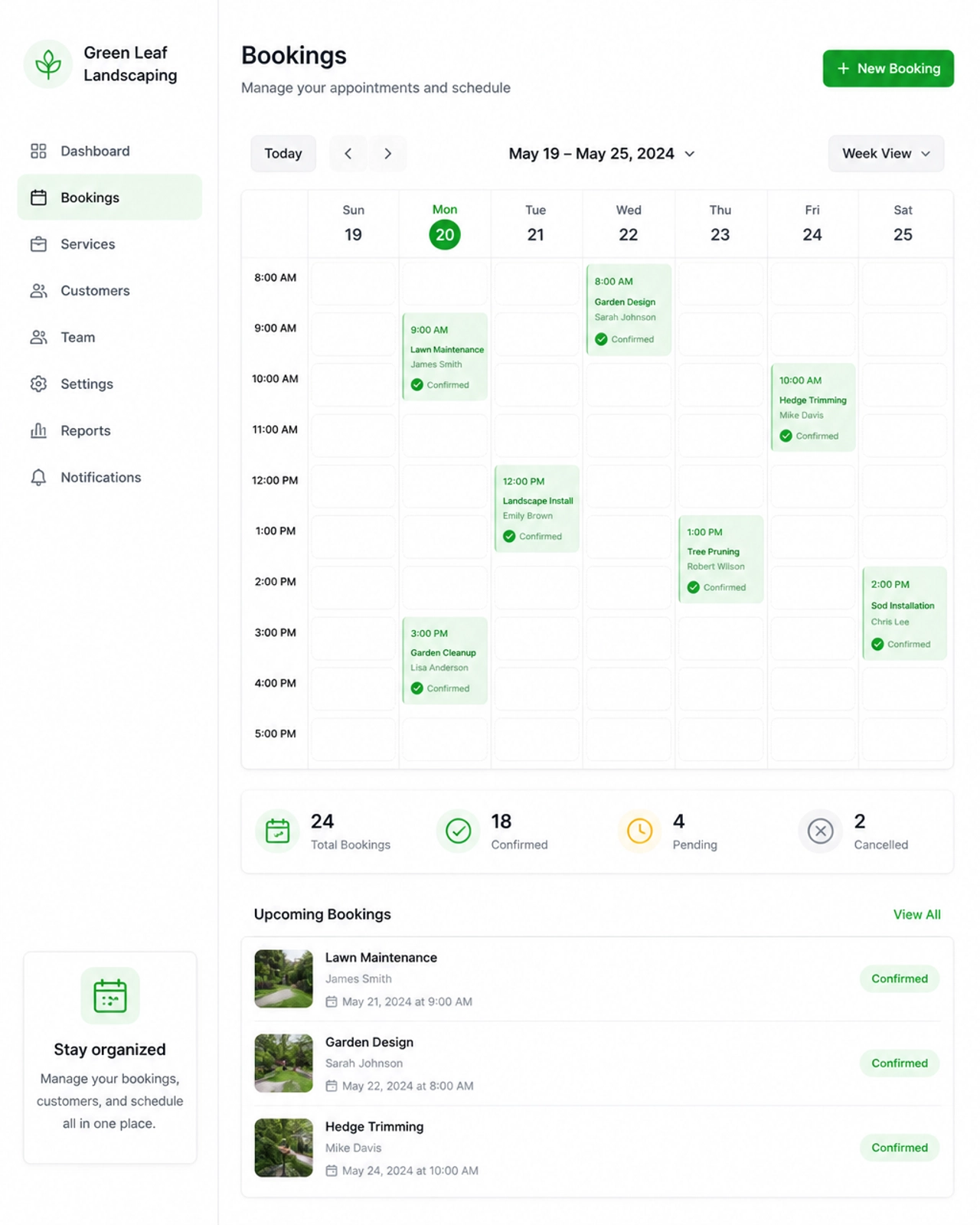 A clean digital interface showing an automated booking calendar with green 'Confirmed' icons