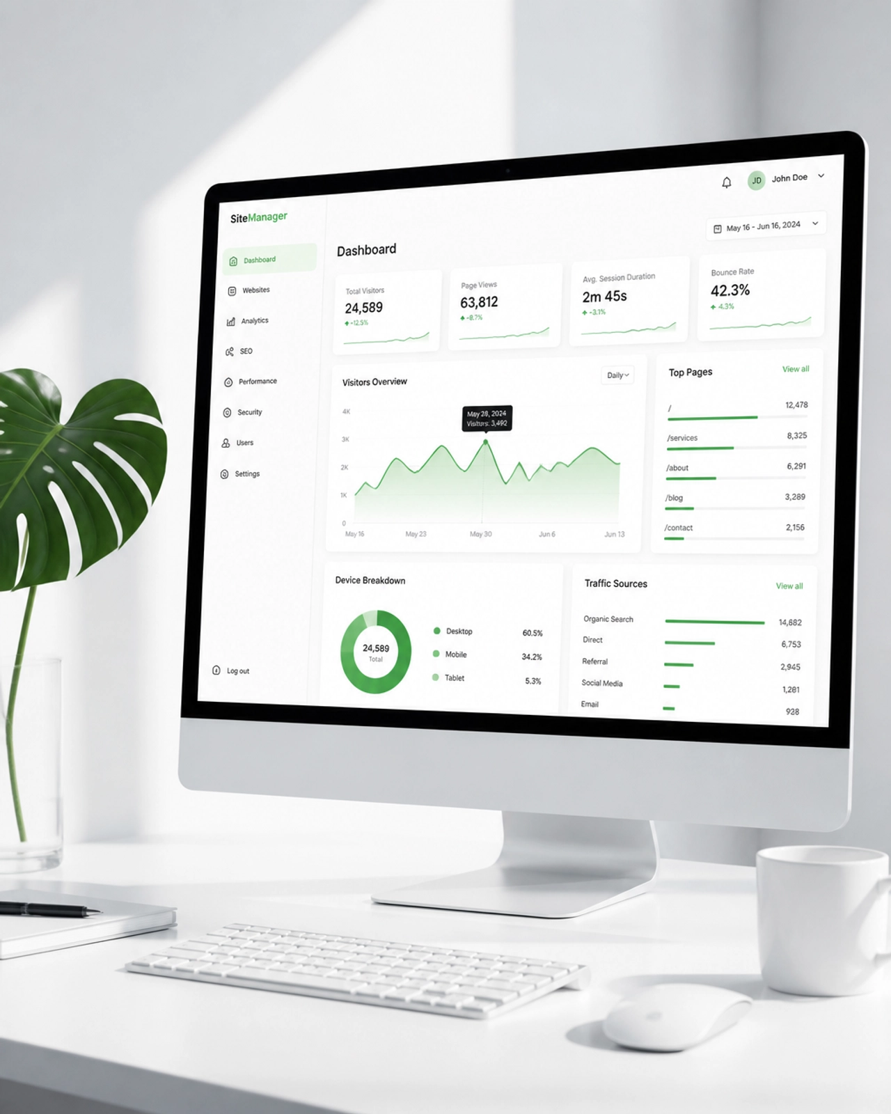 A clean workspace with a monitor showing a website management dashboard and green accents.