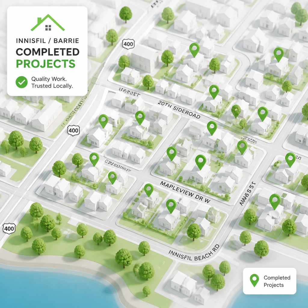 A map highlighting local service areas with green pins.