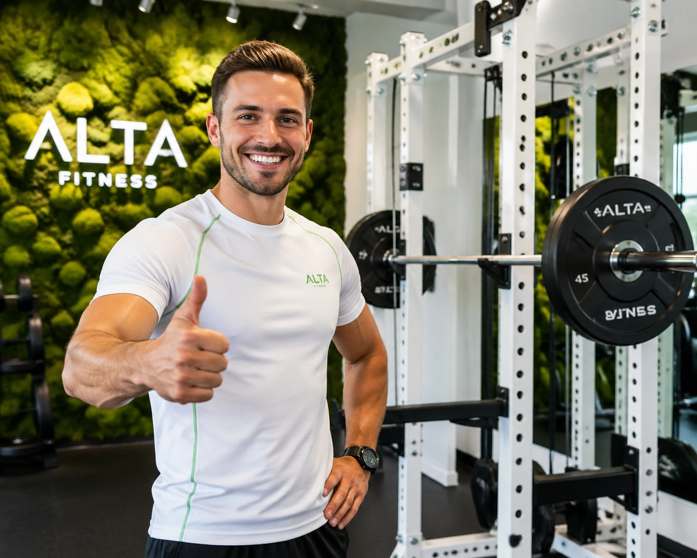 Friendly personal trainer in a modern gym studio illustrating trust and quality for a small business website.
