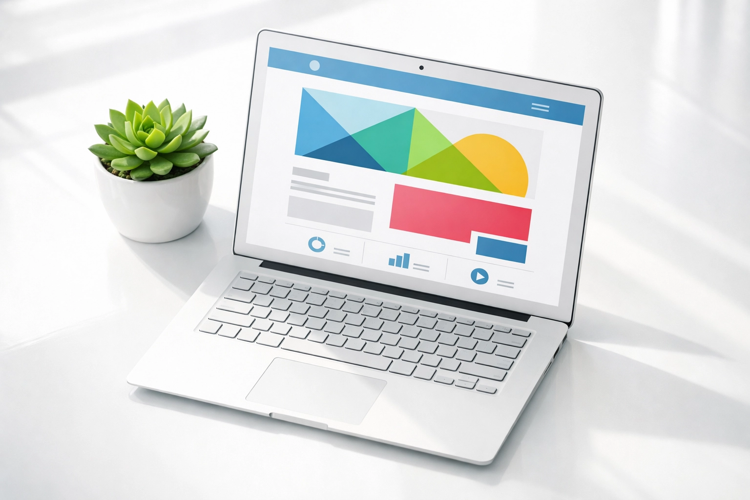 Sleek laptop displaying optimized web development for a small business in a bright, modern office.