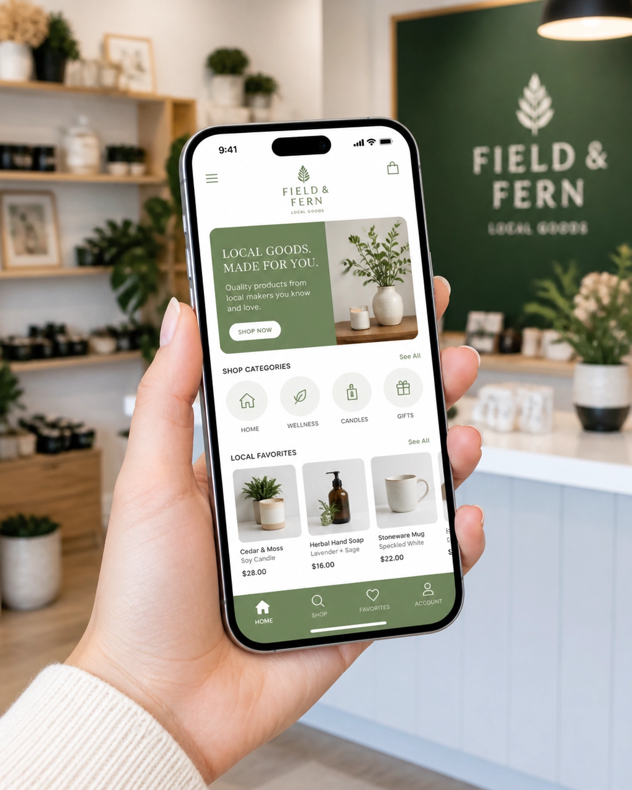 A smartphone showing a custom mobile app with a clean white and green interface