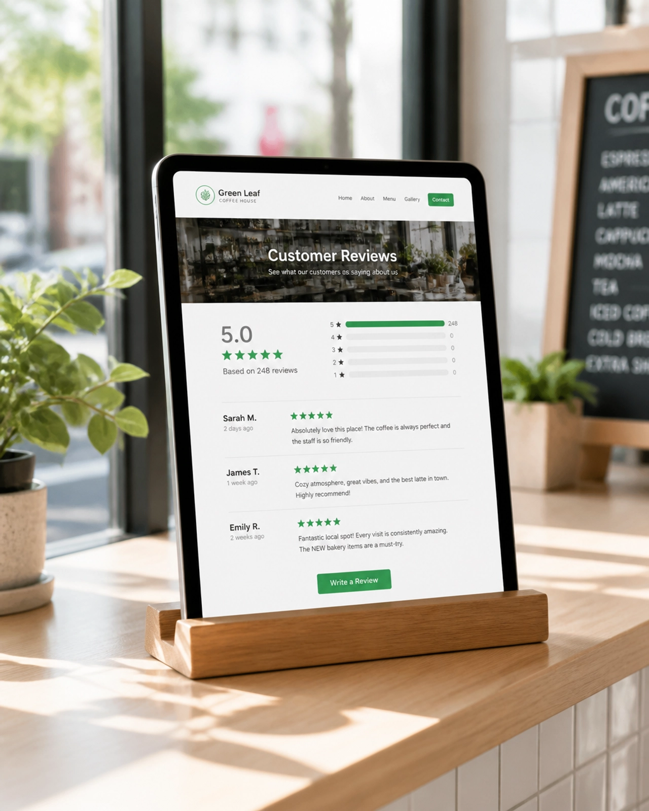 A tablet in a bright cafe displaying a customer review section with 5-star ratings in green.