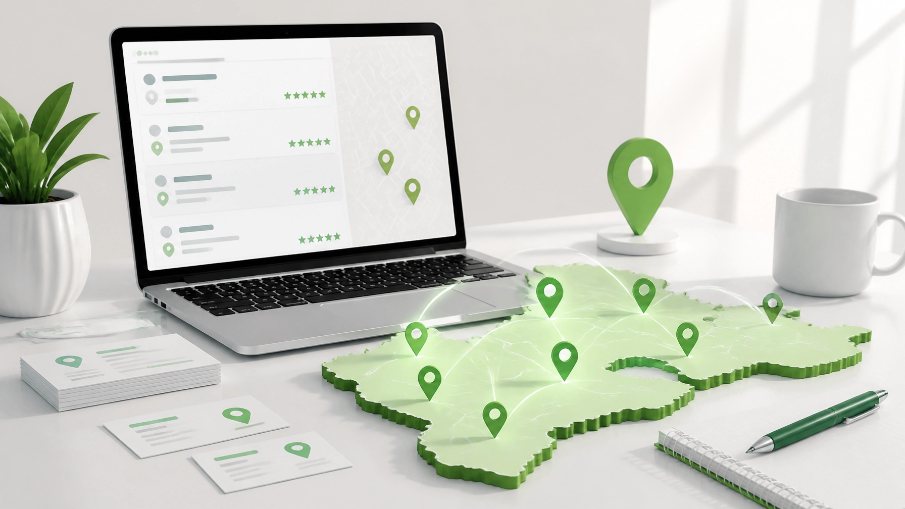 Laptop showing connected directory listings and map location points for a local business