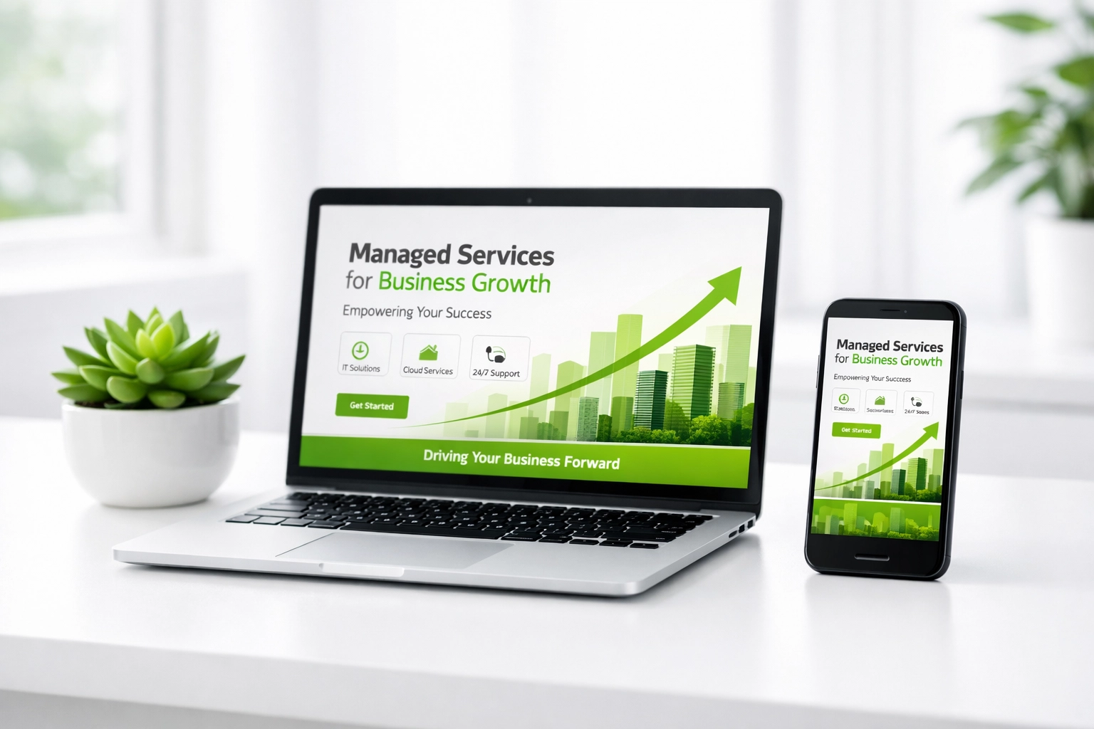Mobile-first website design and managed hosting displayed on a laptop and smartphone.