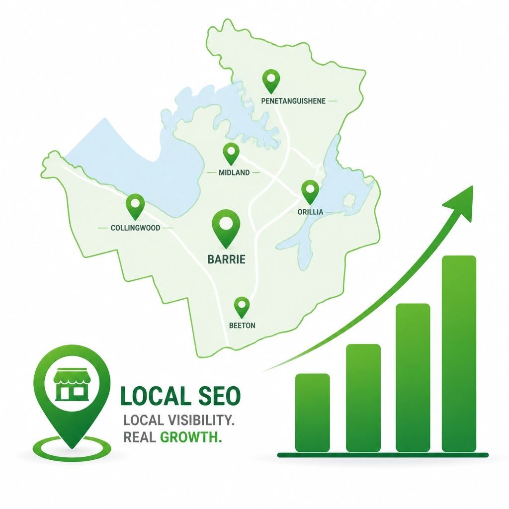 Local SEO growth represented by a map and rising green bar charts