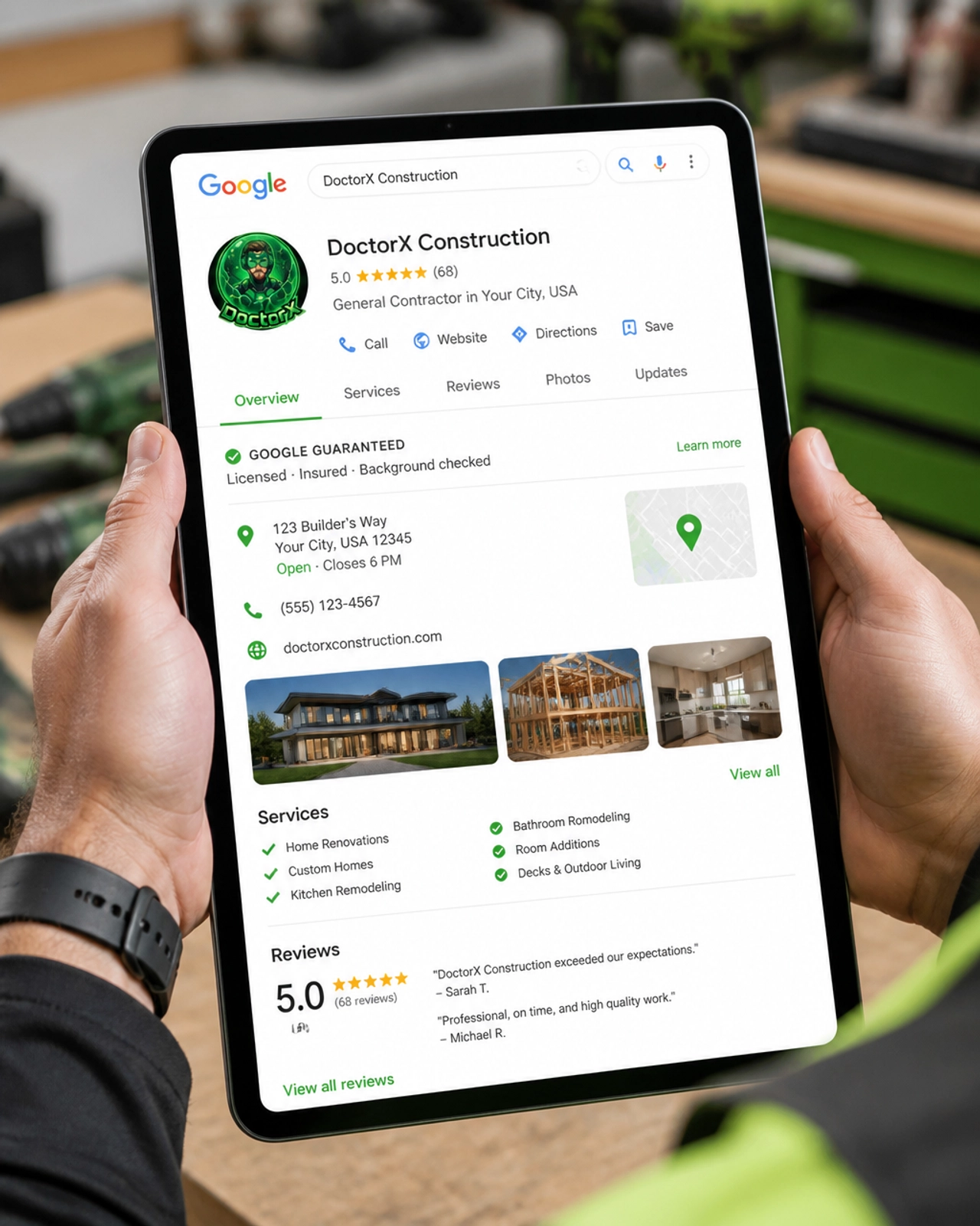 A modern tablet showing a Google Business Profile for a local contracting company.