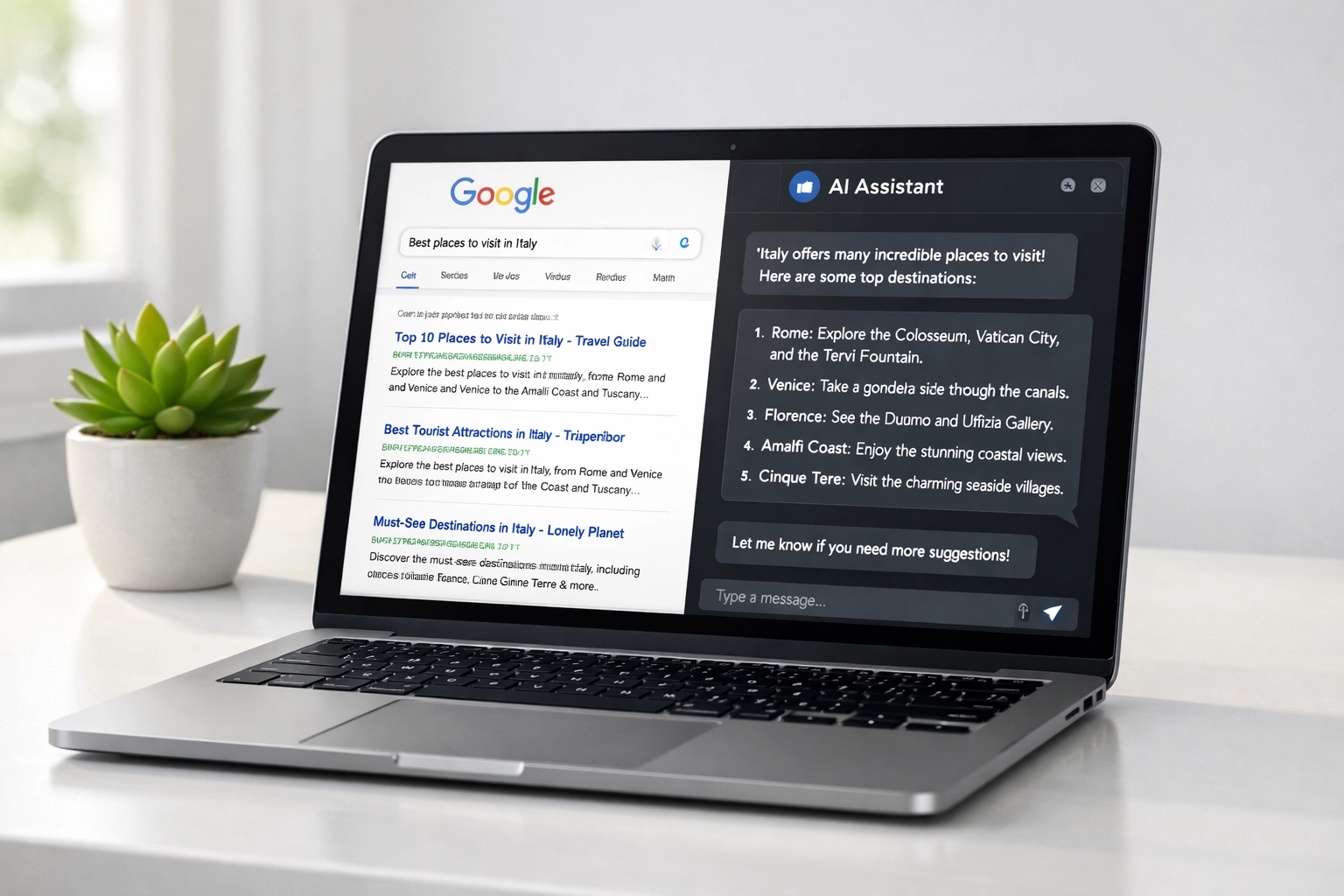 Laptop showing traditional Google search versus AI chat interface comparison