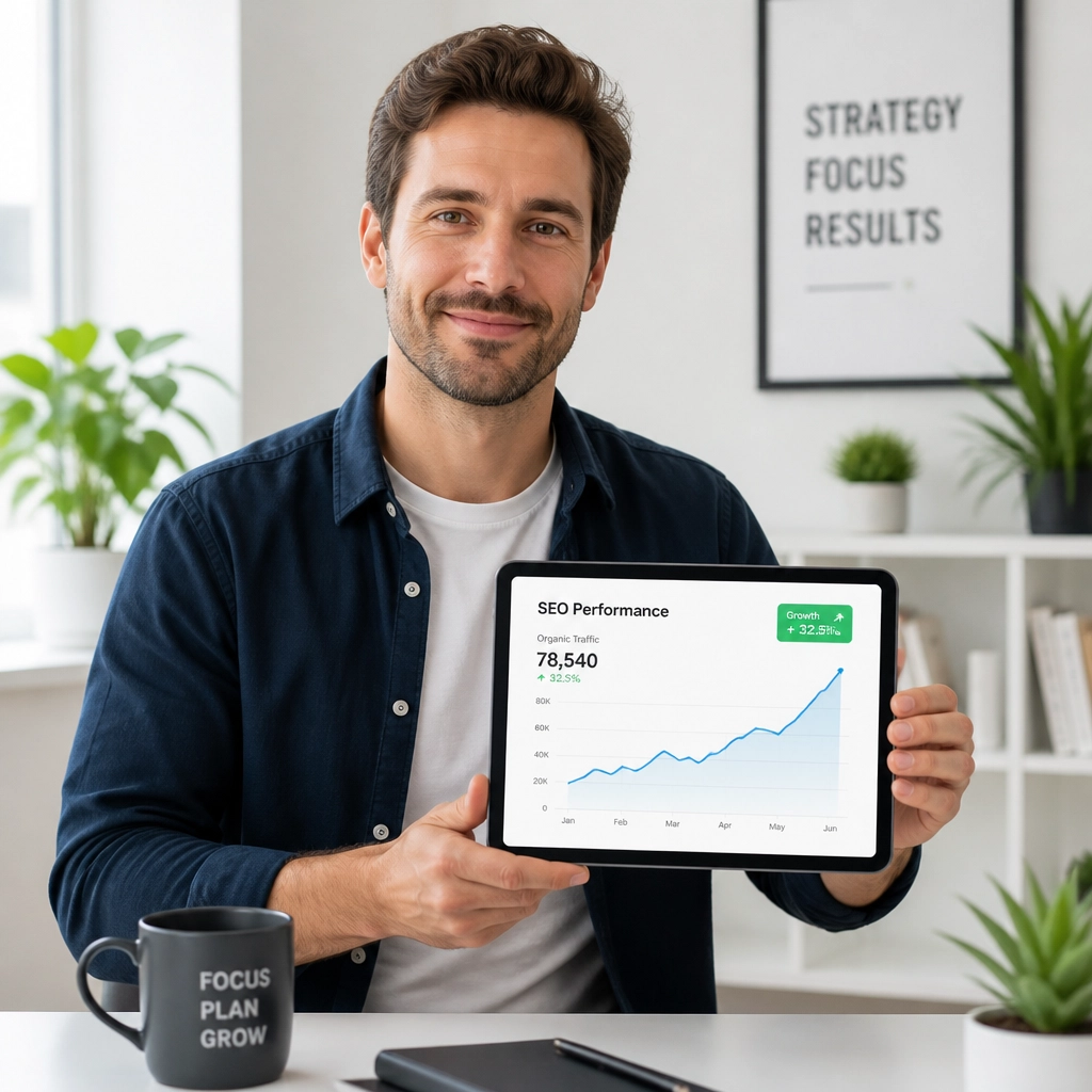 A personal manager holding a tablet showing growth statistics in a minimalistic office