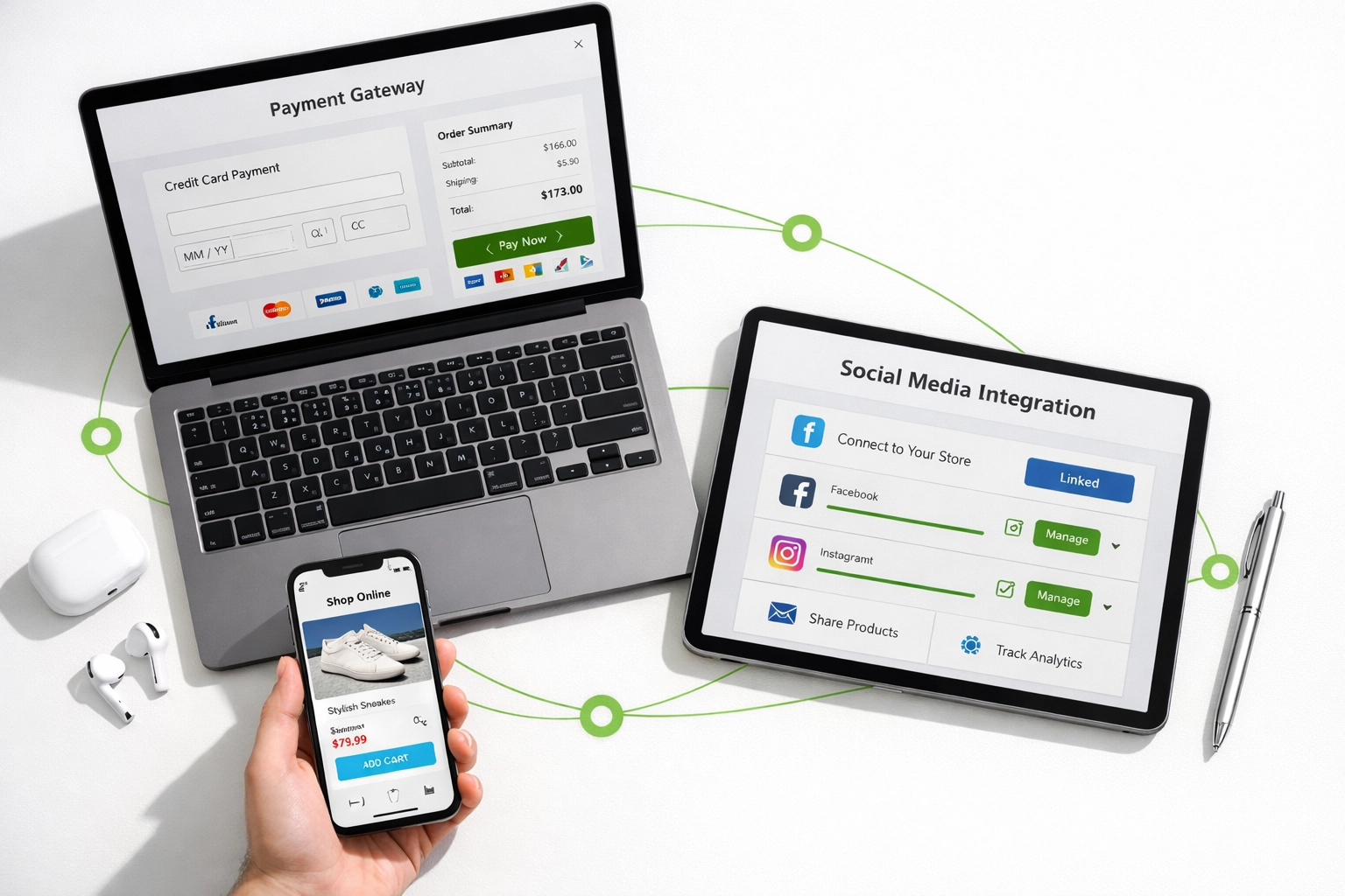 Multiple devices displaying integrated online store features across laptop, tablet and smartphone