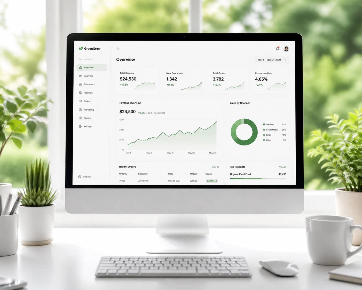 Digital dashboard on a computer monitor tracking contractor website performance and business growth.