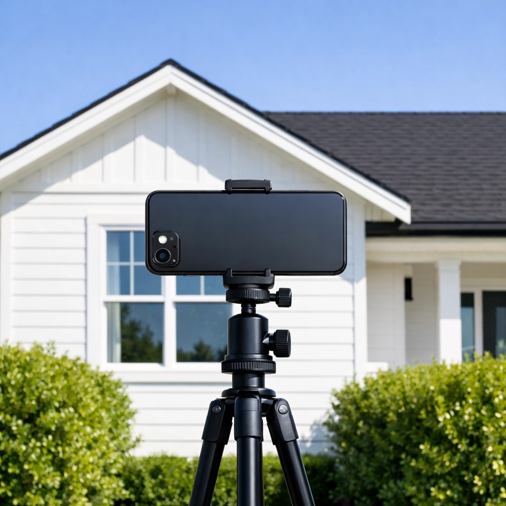 Contractor using a smartphone on a tripod to photograph a finished home renovation for their online portfolio.