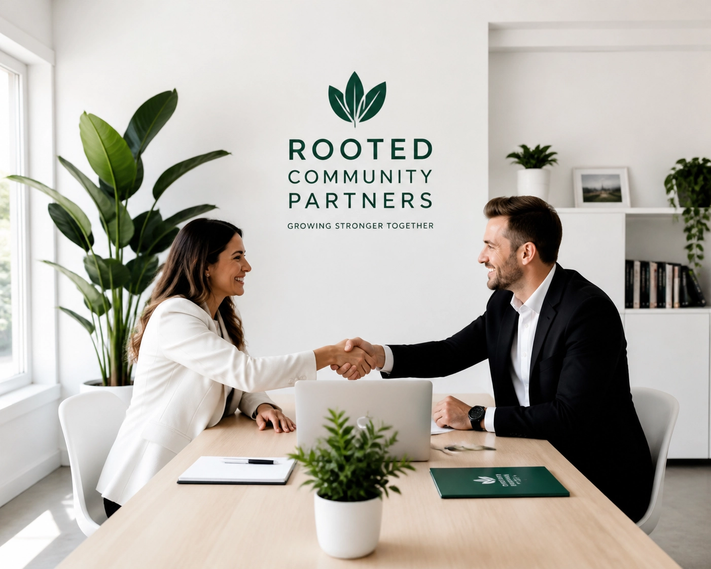 Two business professionals shaking hands representing local partnerships and community networking.