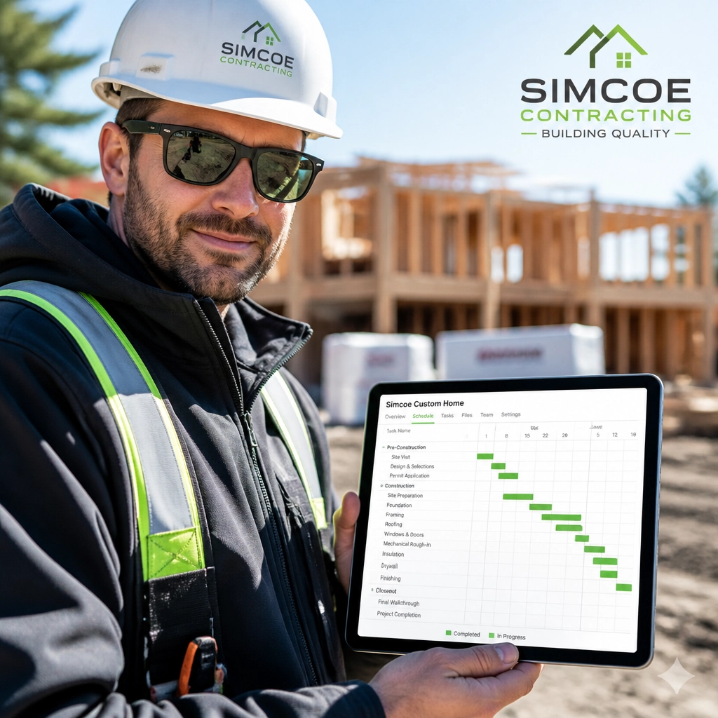 A professional contractor in Simcoe County holding a tablet displaying a clean project schedule