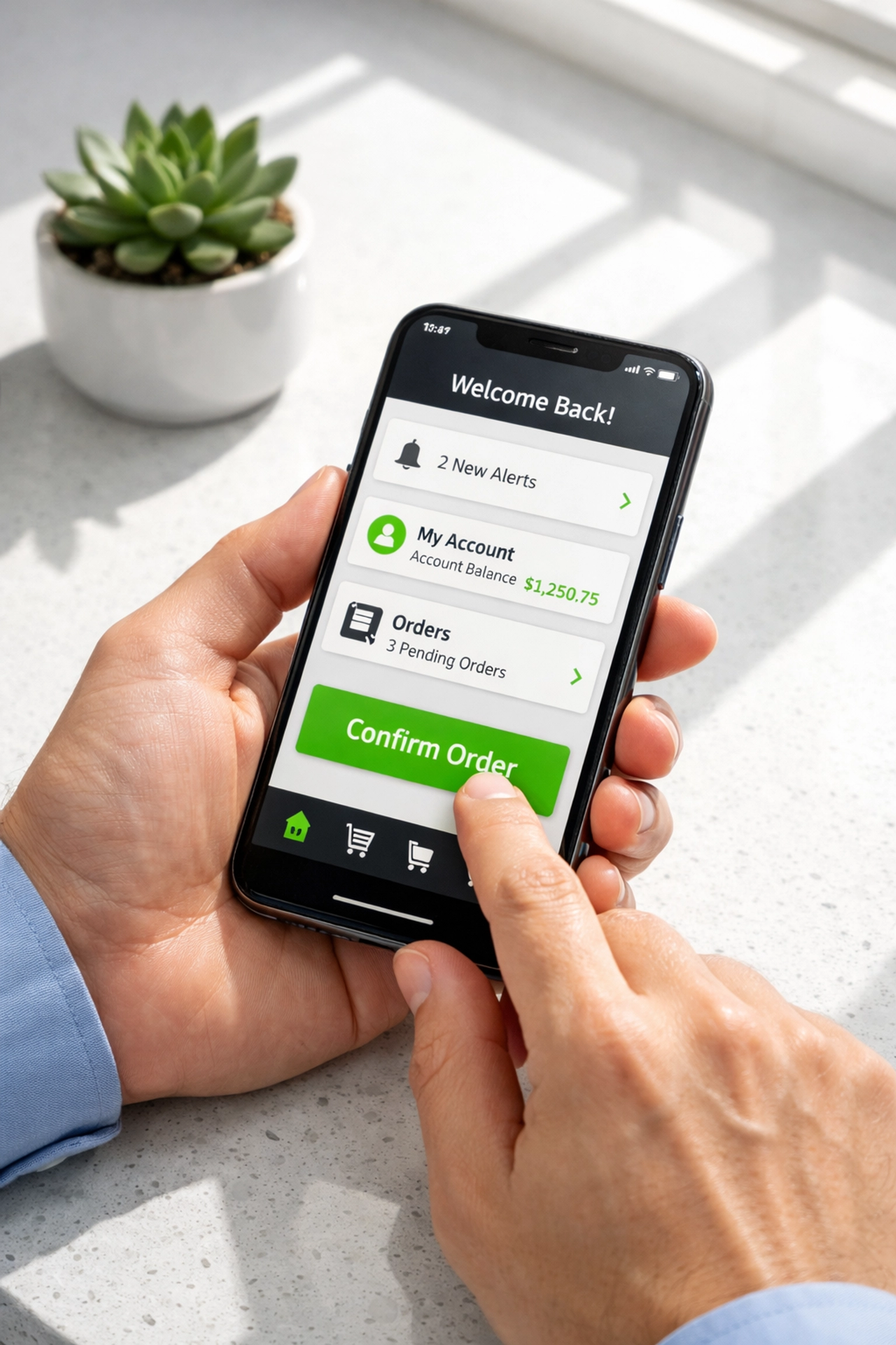 Person using a smartphone to access a mobile-optimized business website in a bright kitchen.