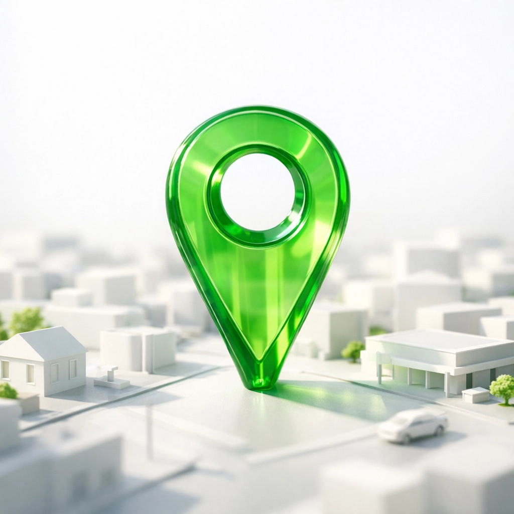 Green location pin on a city map model representing local Search Engine Optimization.