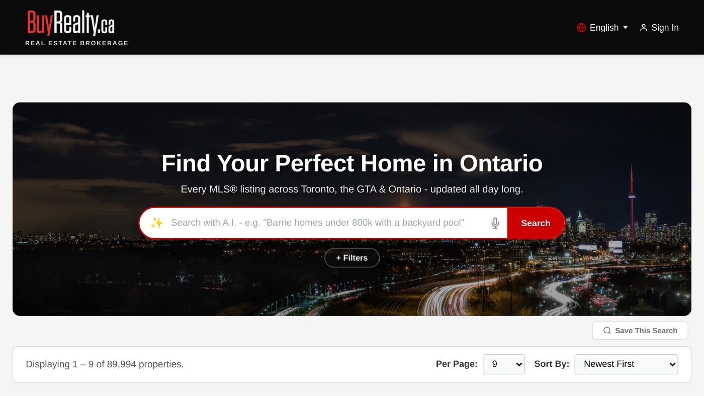 The BuyRealty.ca home page: an AI listing search over a night view of the Toronto skyline