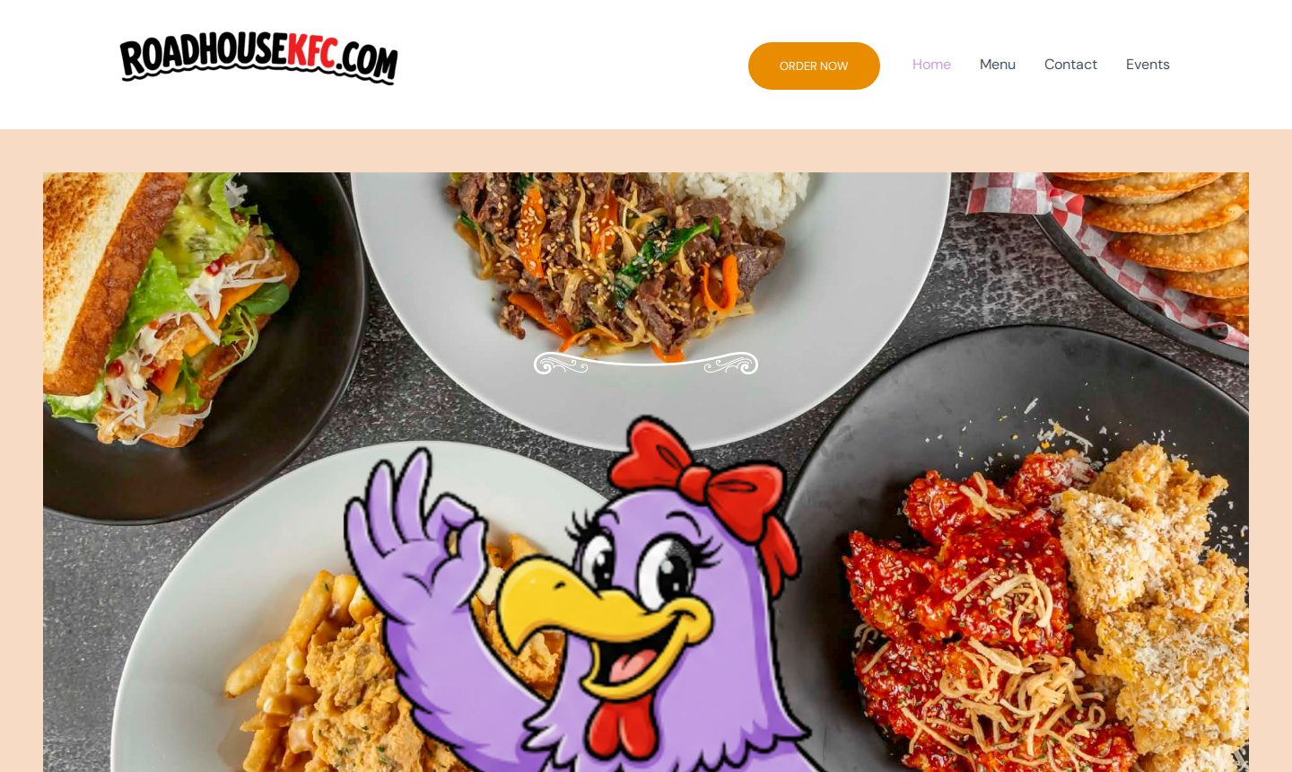 The Roadhouse KFC home page: logo, Order Now button and a spread of Korean fried chicken dishes