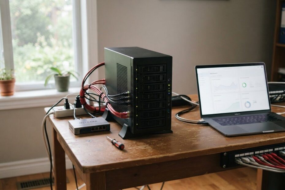 Small business server corner with a tidy tower server and a laptop dashboard