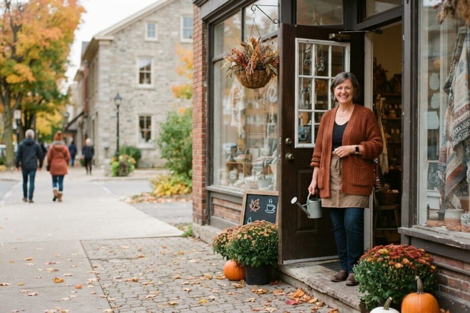 Local shop owner at the door of a small-town Ontario store in autumn