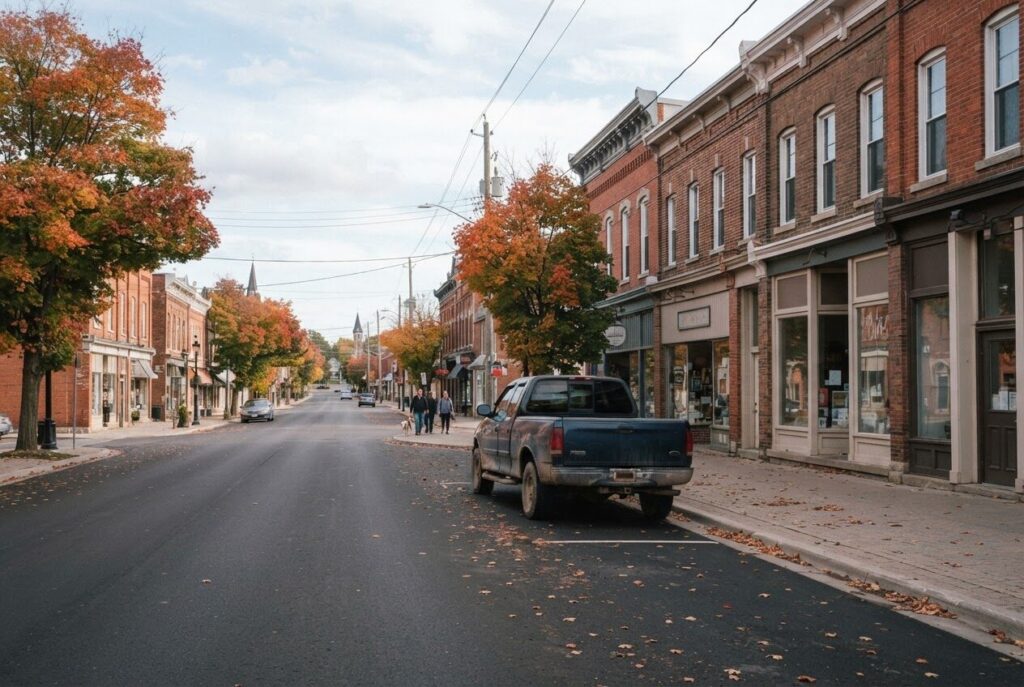 Autumn main street lined with small shops in a Simcoe County town