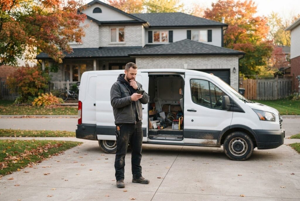 Tradesperson checking a phone beside a work van in a driveway