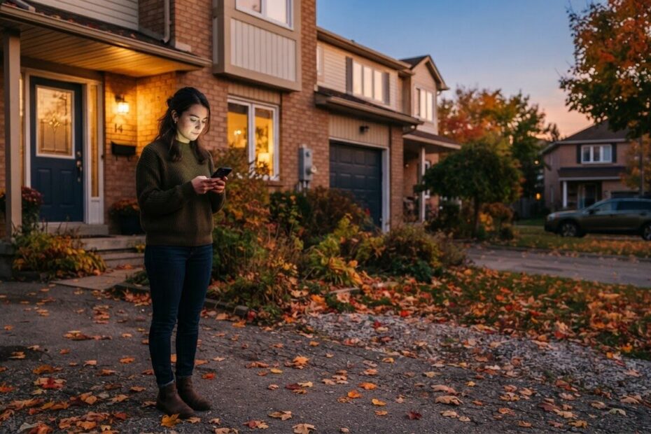 Homeowner on an autumn evening in Ontario looking at a smartphone in the driveway