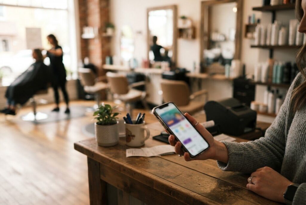 Hand holding a smartphone at the front desk of a local hair salon